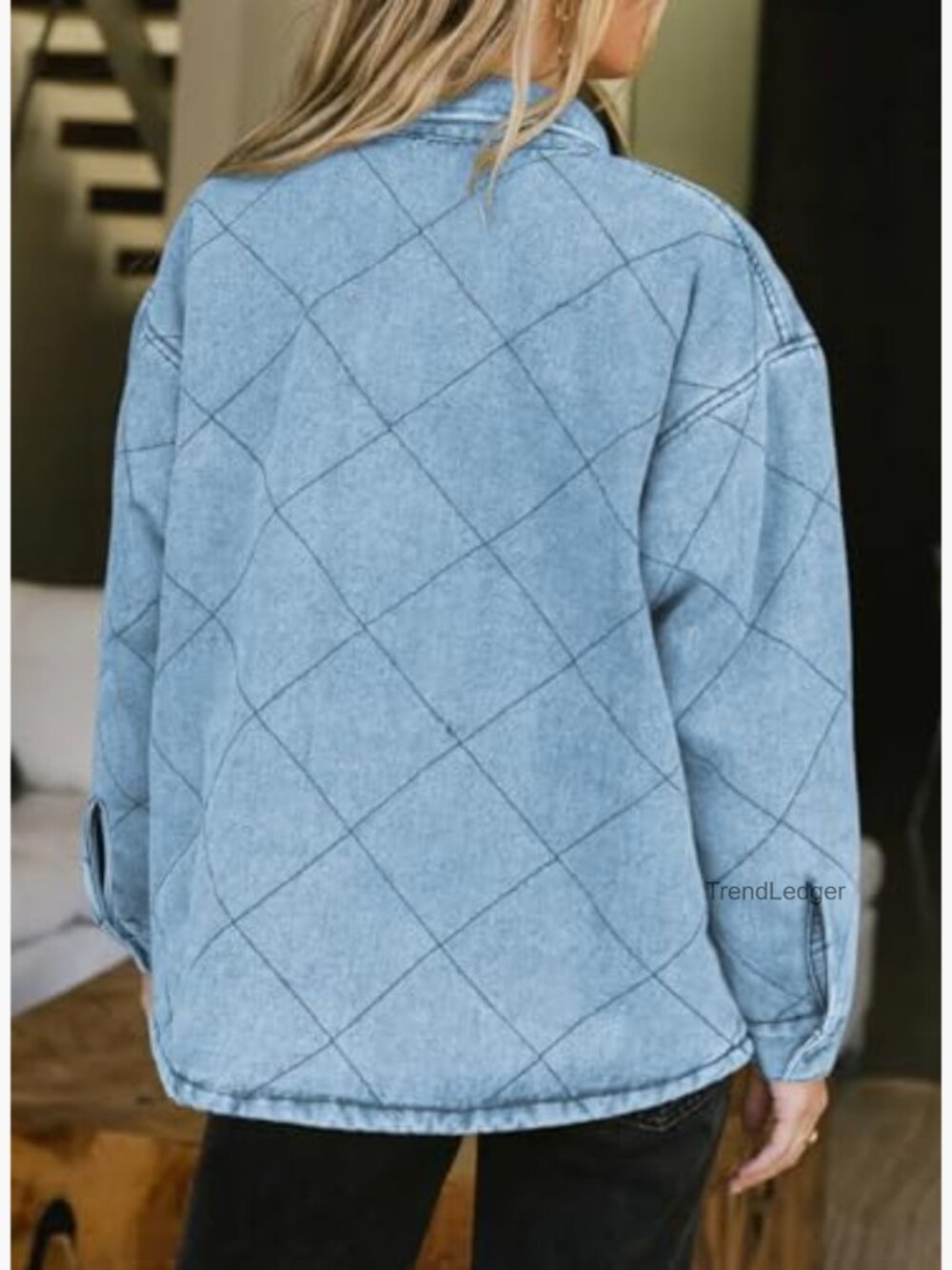 Oversized Denim Shacket with Pockets Relaxed Fit Button Down Coat - Picture 4 of 6